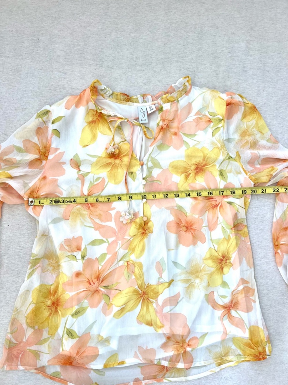 Joie Floral Tie-Neck Feminine Blouse - Yellow & Peach Hippie Indi Boho Summer - Picture 9 of 10